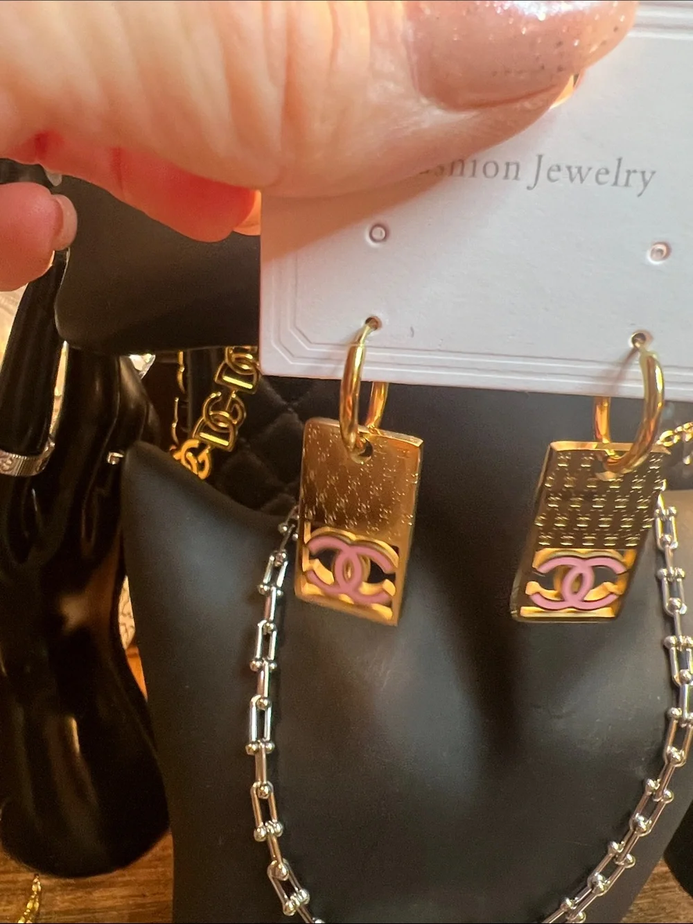 Gold-Tone Pink Logo Rectangular Drop Earrings